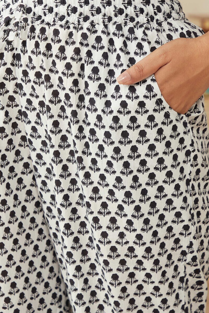 White Hand Printed Cotton Narrow Pants