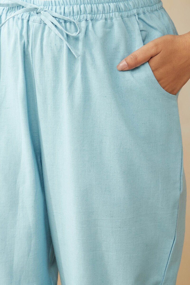 Blue Handcrafted Cotton Flax Narrow Pants
