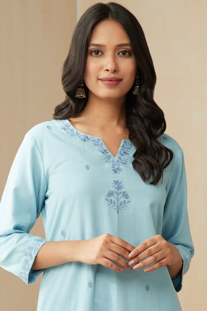 Blue Handcrafted Straight Cotton Flax Kurta