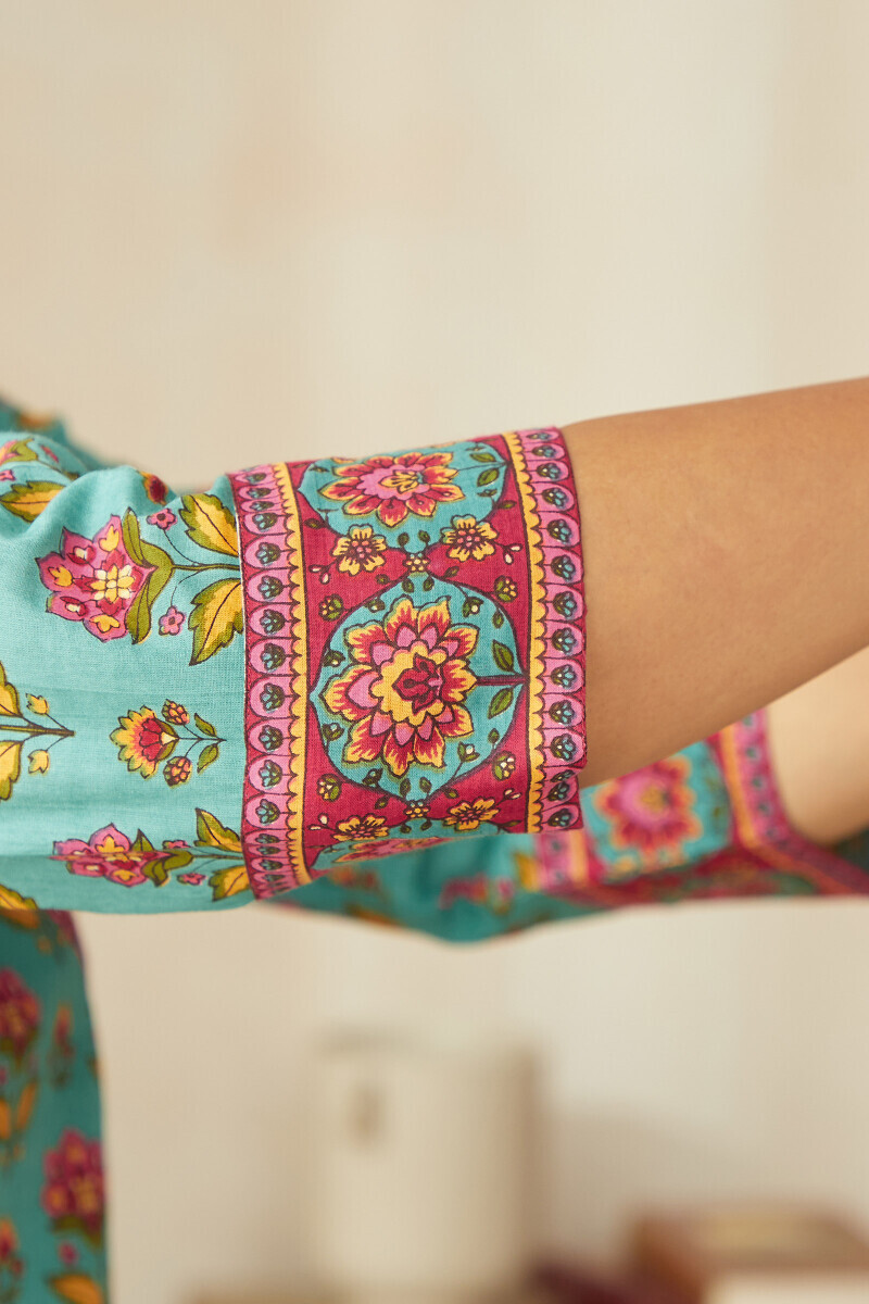 Blue Hand Printed Angrakha Cotton Kurta