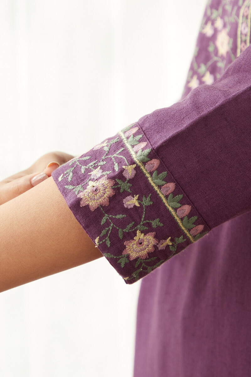 Dark Purple Handcrafted Straight Cotton Flax Kurta