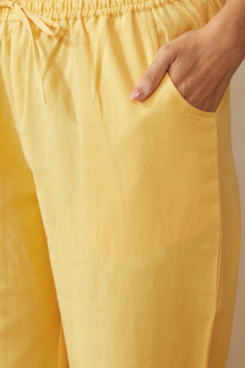 Yellow Handcrafted Cotton Flax Narrow Pants