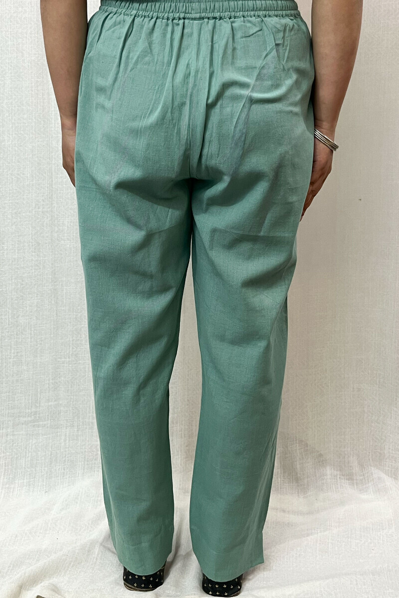 Green Handcrafted Cotton Flax Narrow Pants