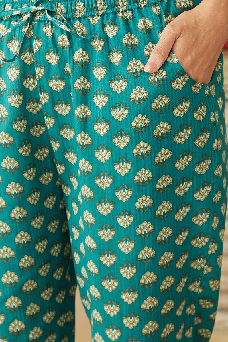 Teal Hand Printed Cotton Dobby Narrow Pants