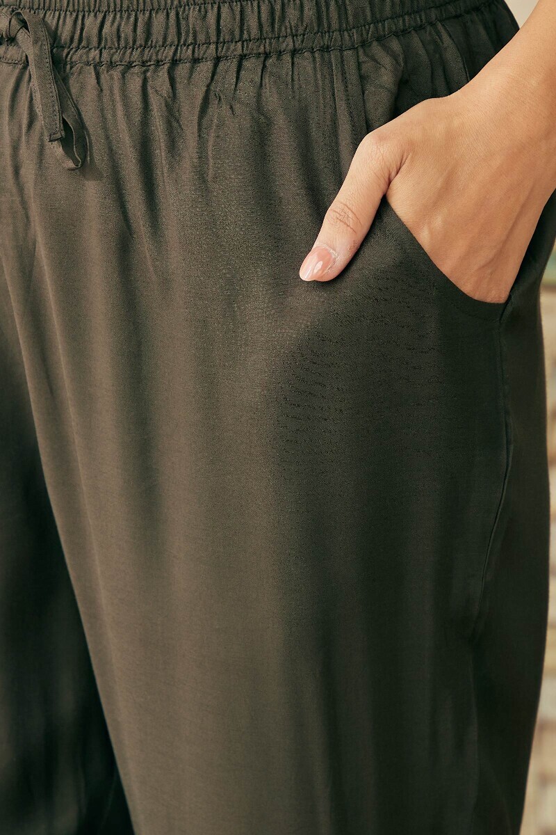 Olive Green Handcrafted Viscose Narrow Pants