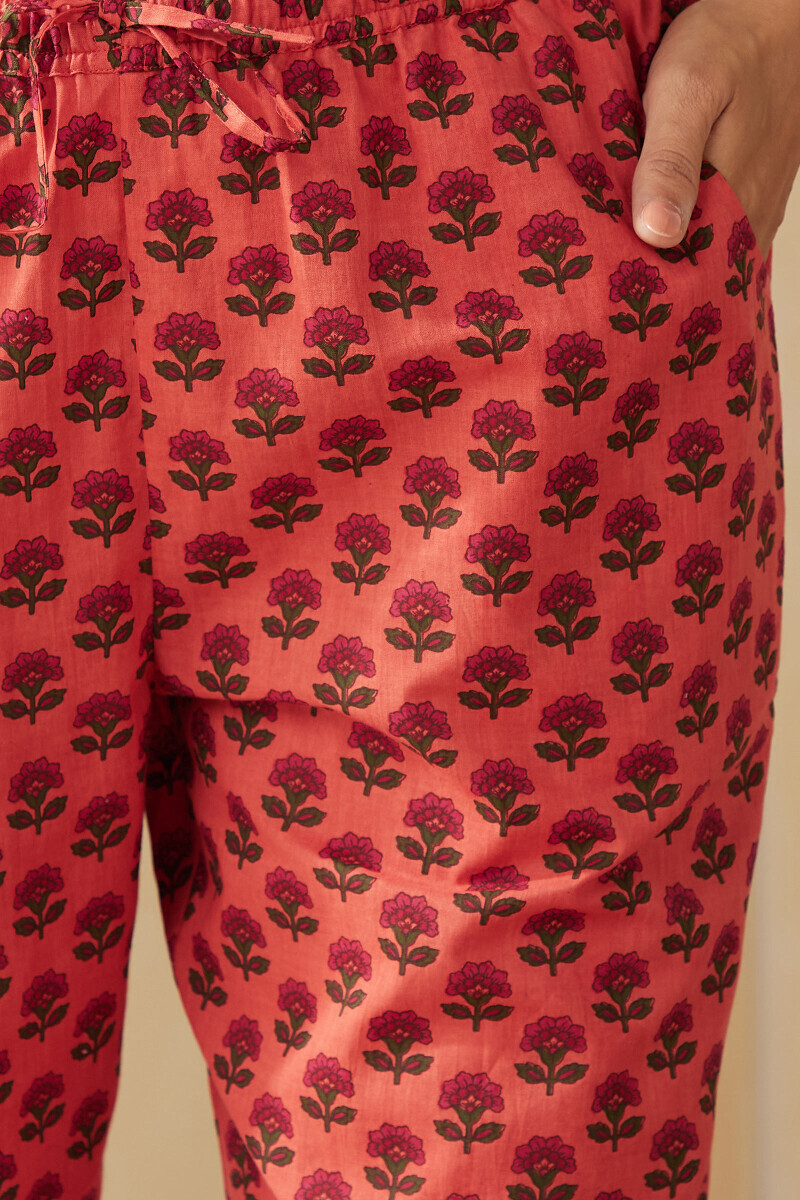 Orange Hand Printed Cotton Narrow Pants