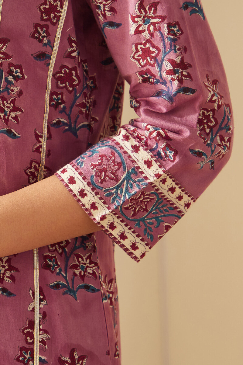 Purple Hand Block-Printed Straight Cotton Kurta