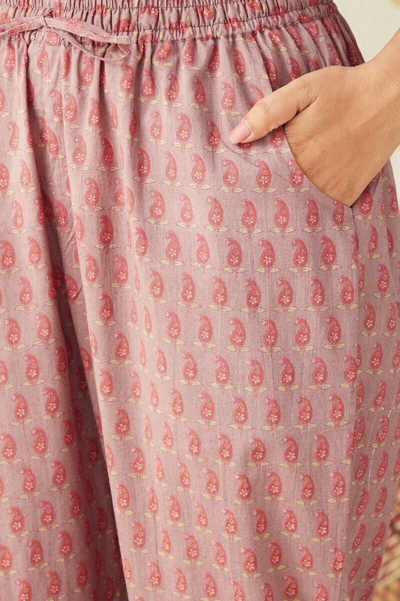 Mauve Hand Printed Cotton Narrow Pants