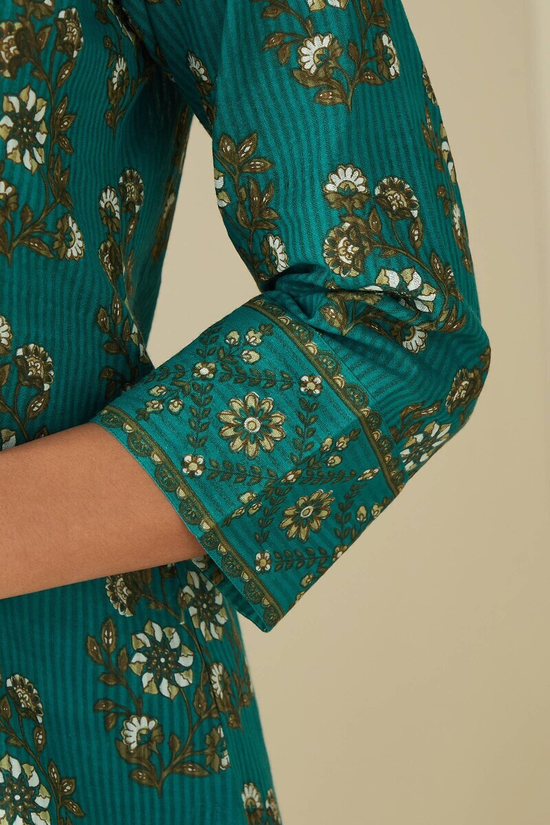 Teal Hand Printed Cotton Dobby Loungewear Set
