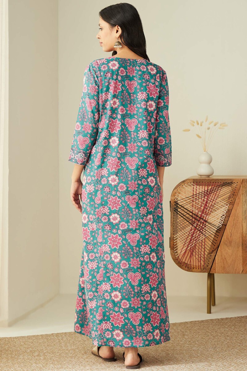 Green Hand Printed Cotton Kaftan