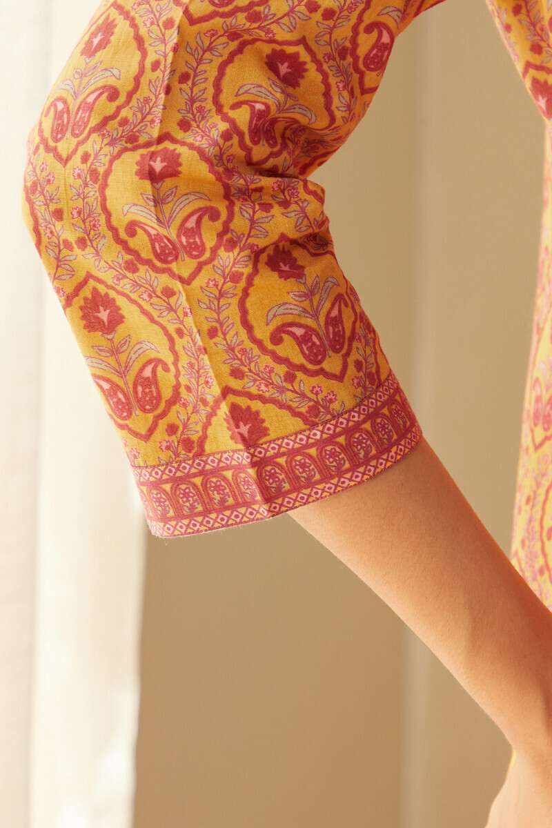 Mustard Hand Printed Straight Cotton Kurta
