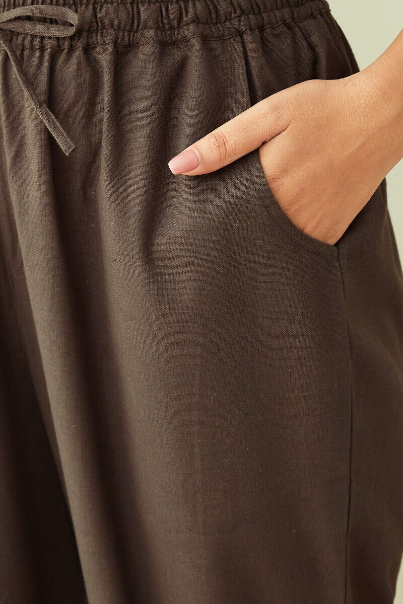 Brown Handcrafted Cotton Flax Narrow Pants