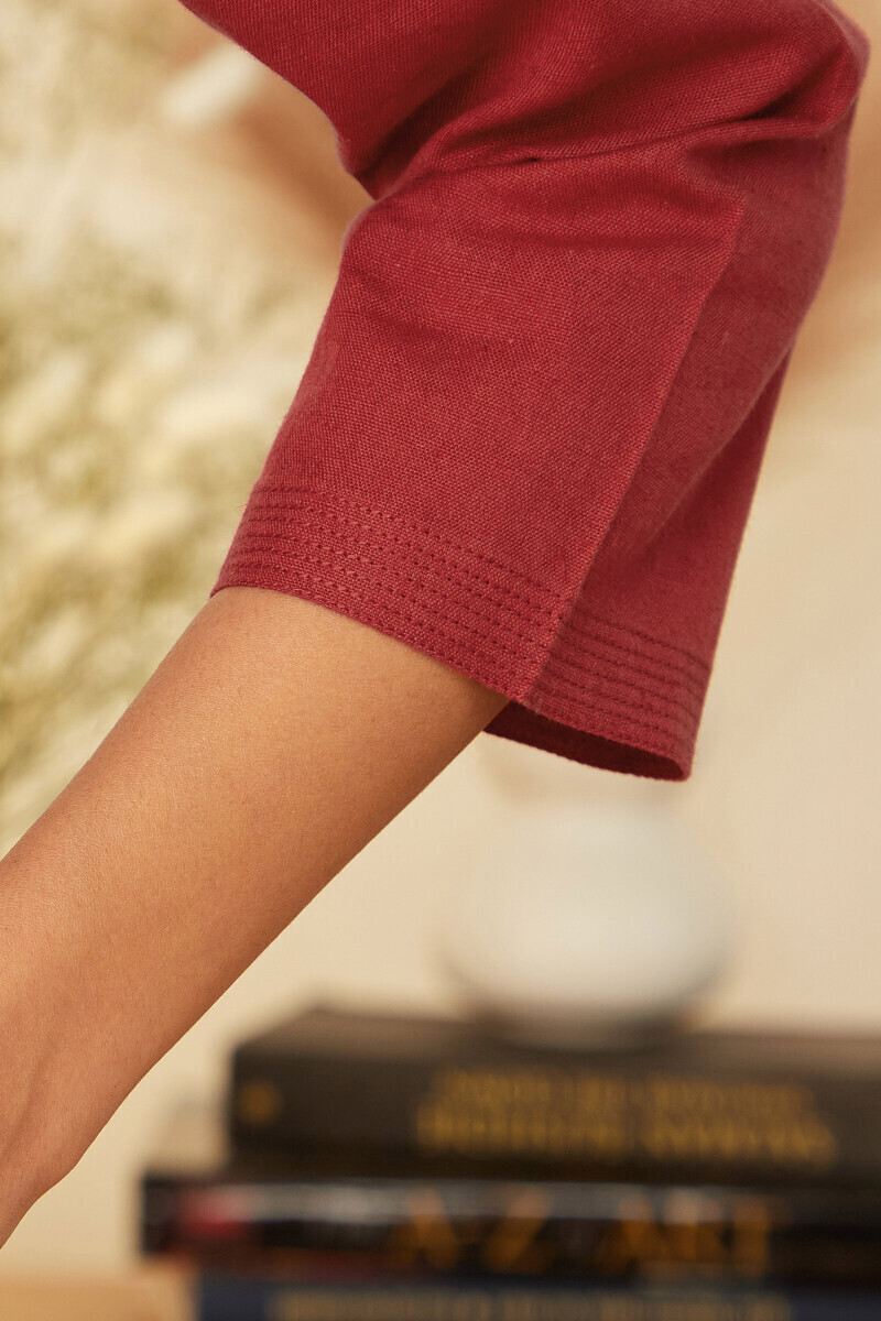Crimson Red Handcrafted Straight Cotton Flax Kurta