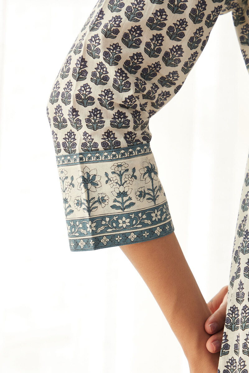 Off-White Hand Printed Straight Cotton Kurta