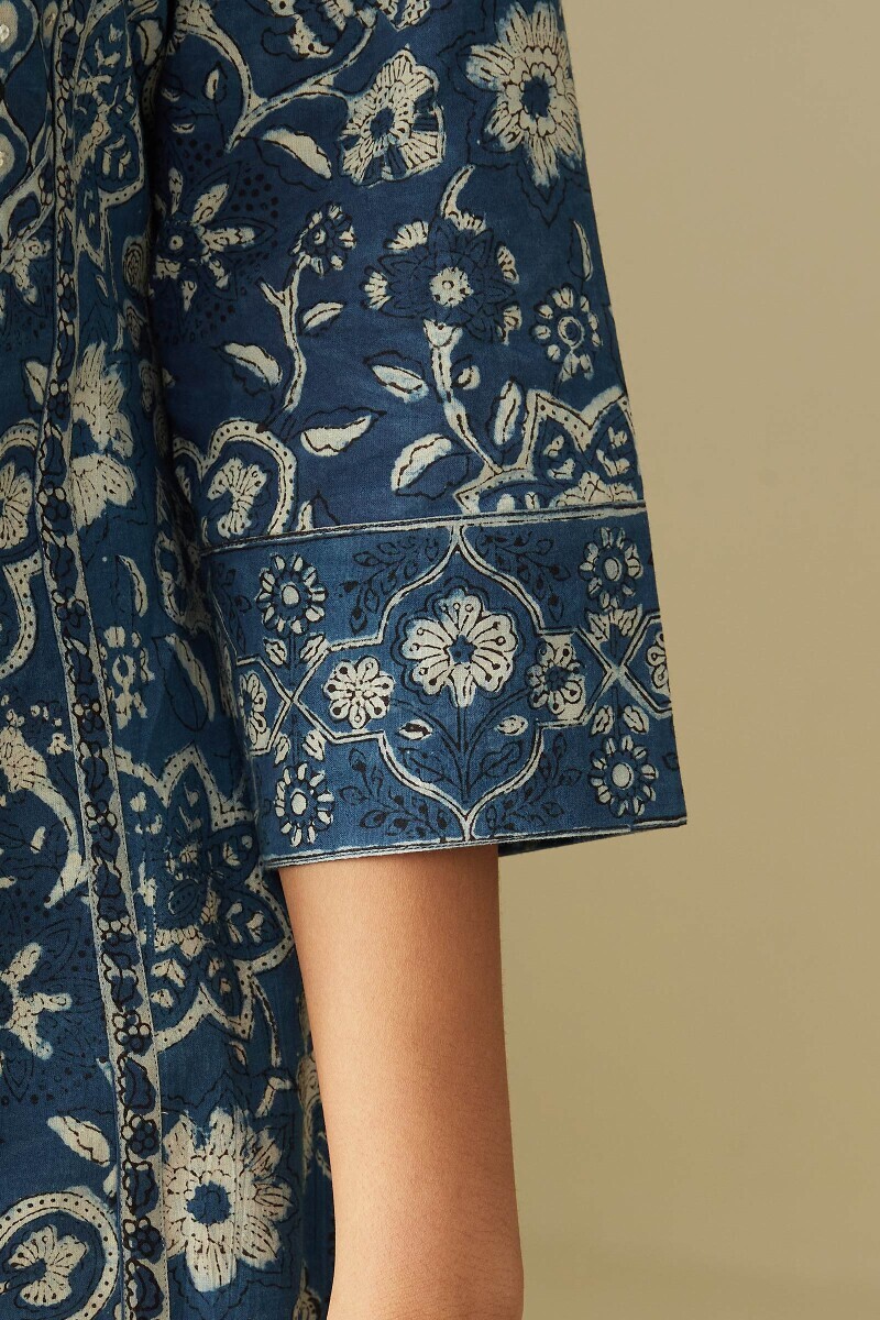 Indigo Hand Block-Printed Straight Cotton Kurta