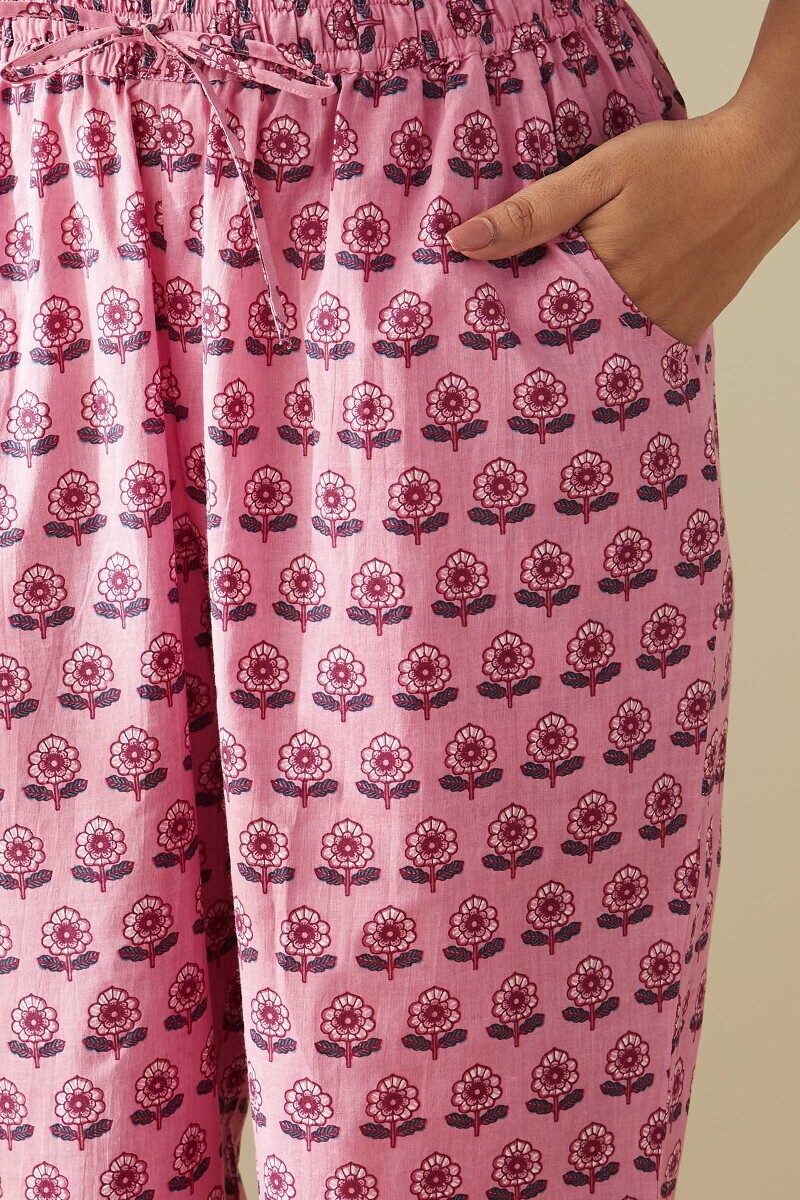 Pink Hand Printed Cotton Narrow Pants