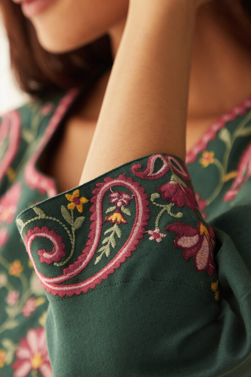 Green Handcrafted Straight Cotton Flax Kurta