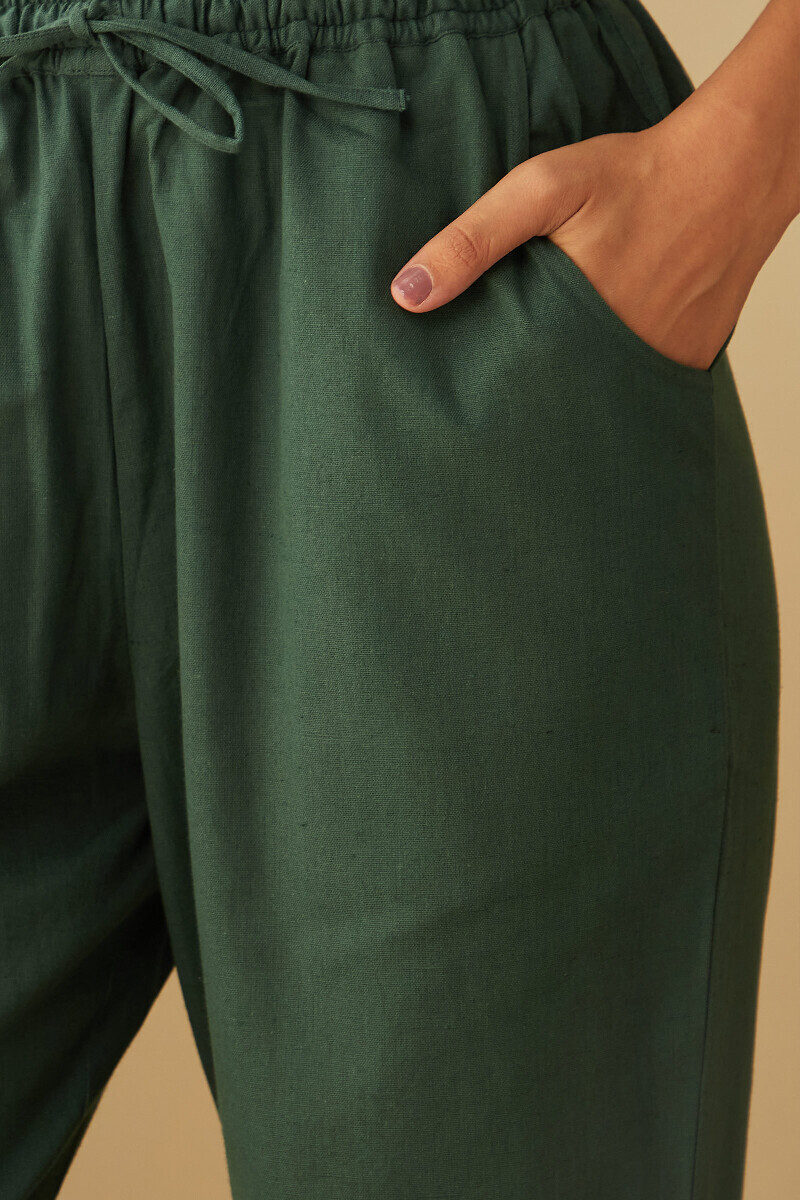 Green Handcrafted Cotton Flax Narrow Pants
