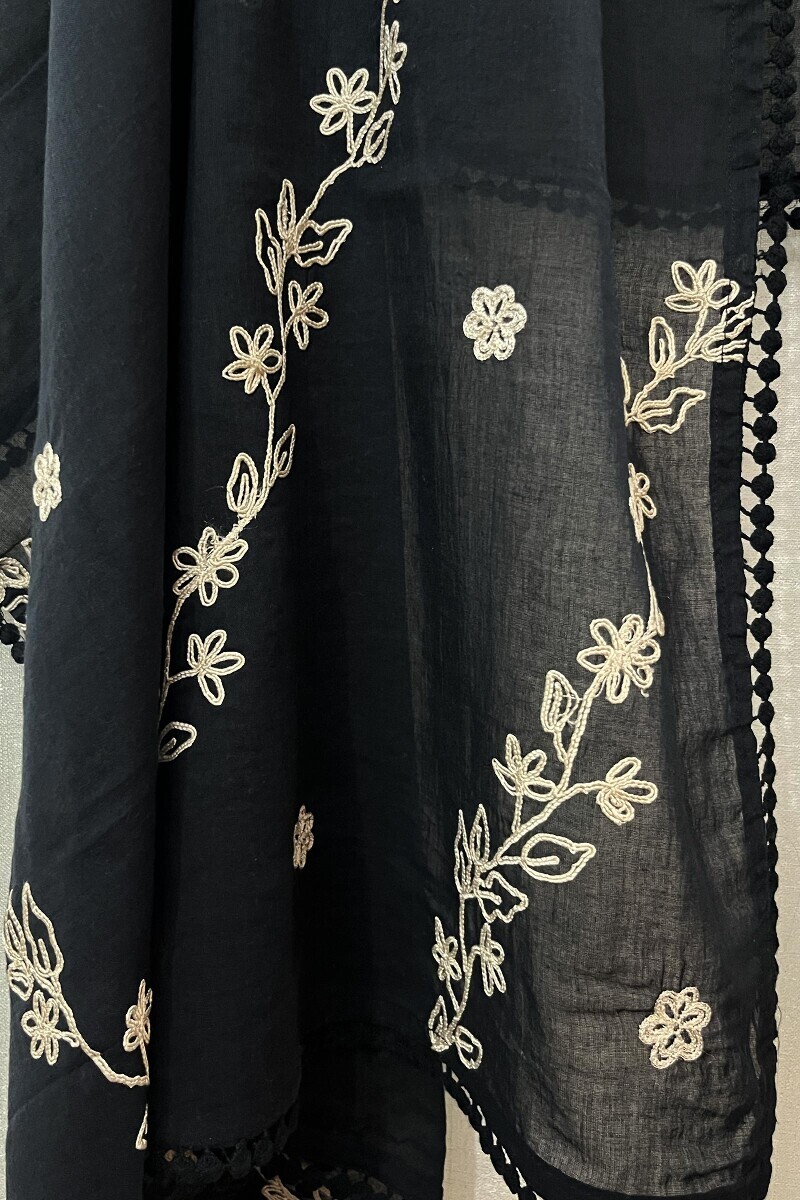 Black Handcrafted Cotton Mul Dupatta
