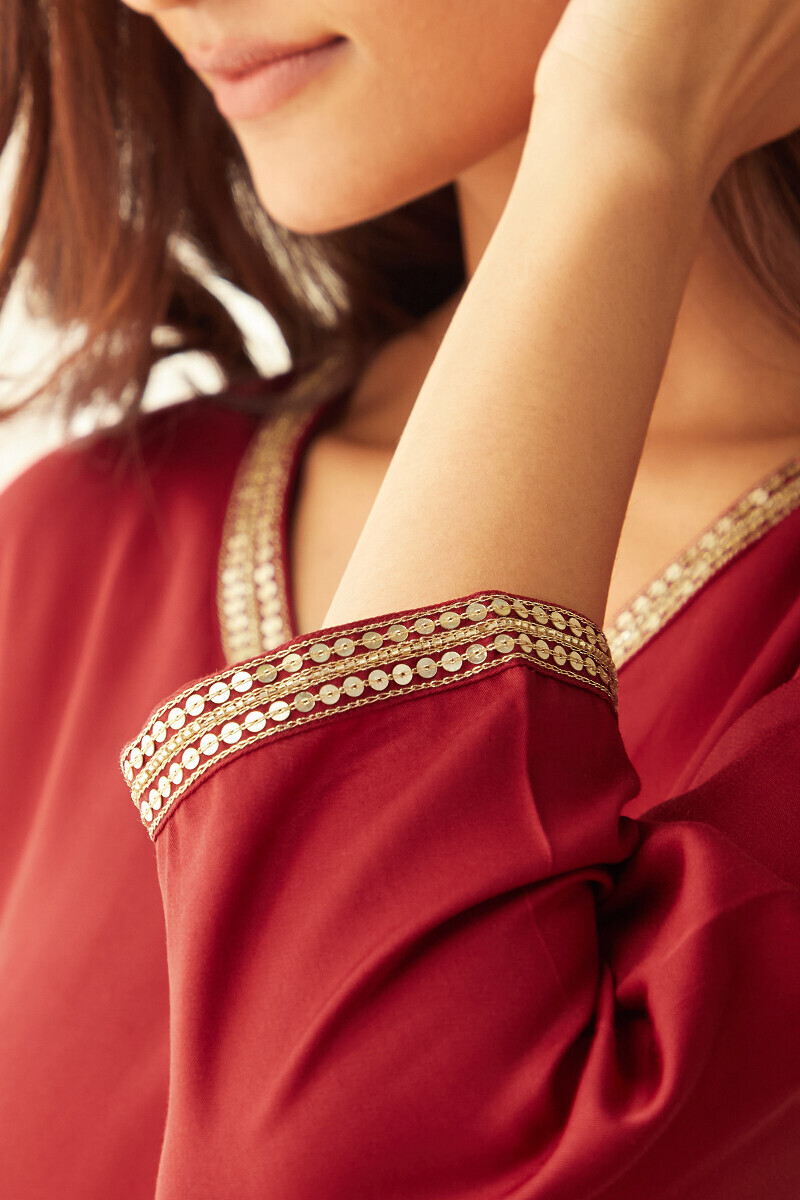 Red Handcrafted Straight Modal Satin Kurta