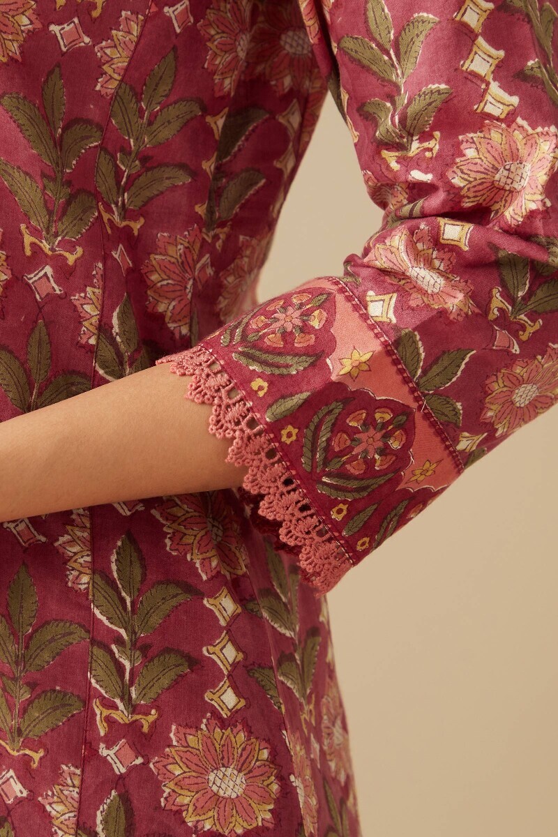 Pink Hand Block-Printed Straight Cotton Kurta