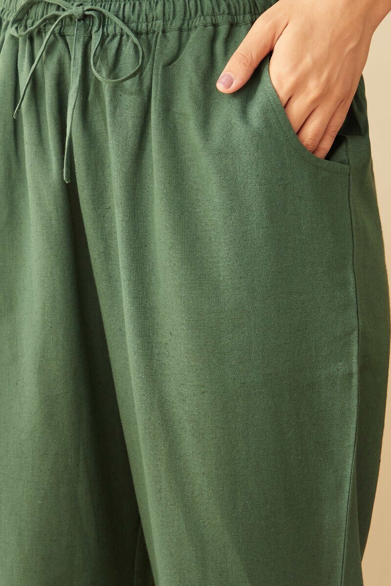 Green Handcrafted Cotton Flax Narrow Pants