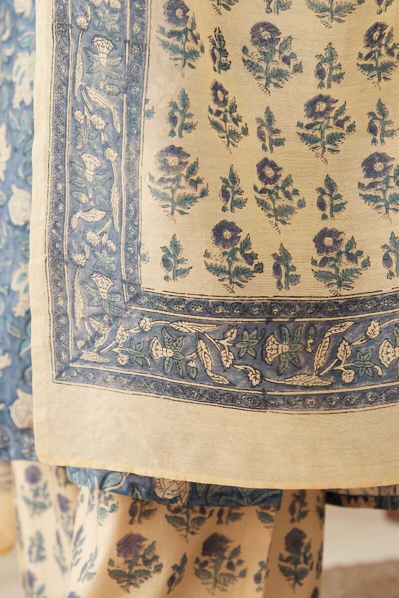 Beige Hand Block-Printed Chanderi Dupatta