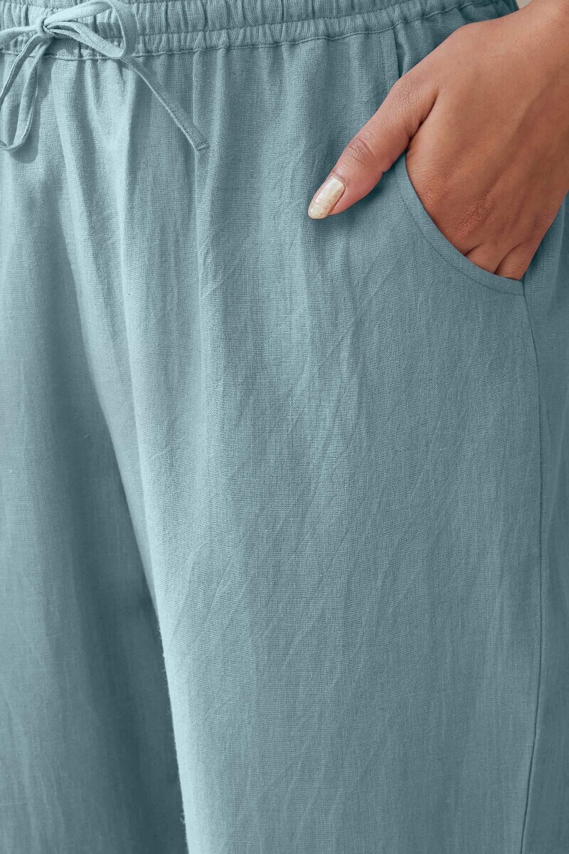 Sky Blue Handcrafted Cotton Flax Narrow Pants