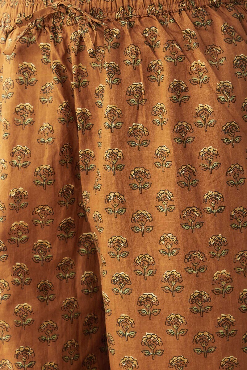 Brown Hand Printed Cotton Slub Izhaar Pants