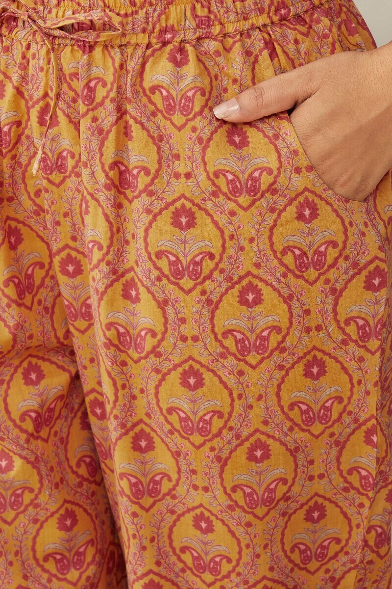 Mustard Hand Printed Cotton Narrow Pants