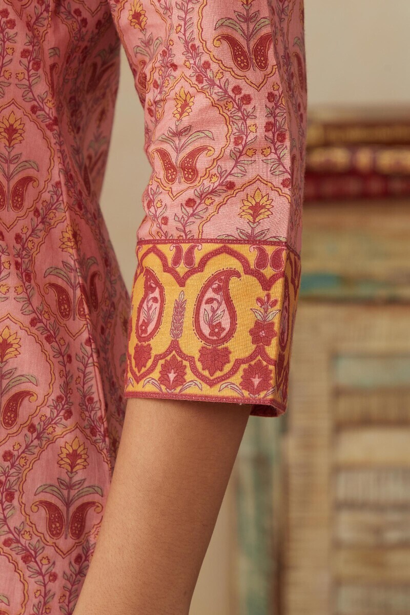 Pink Hand Printed Straight Cotton Kurta
