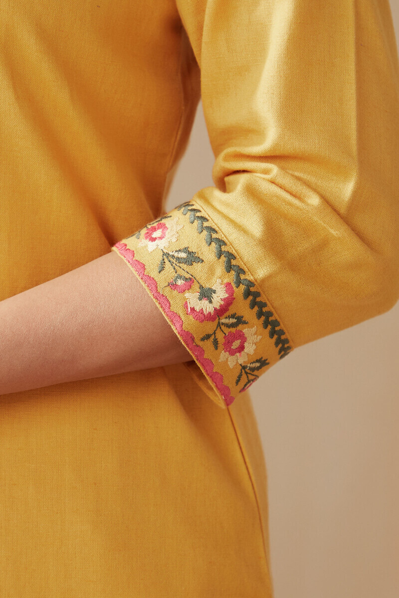 Mustard Handcrafted Straight Cotton Flax Kurta
