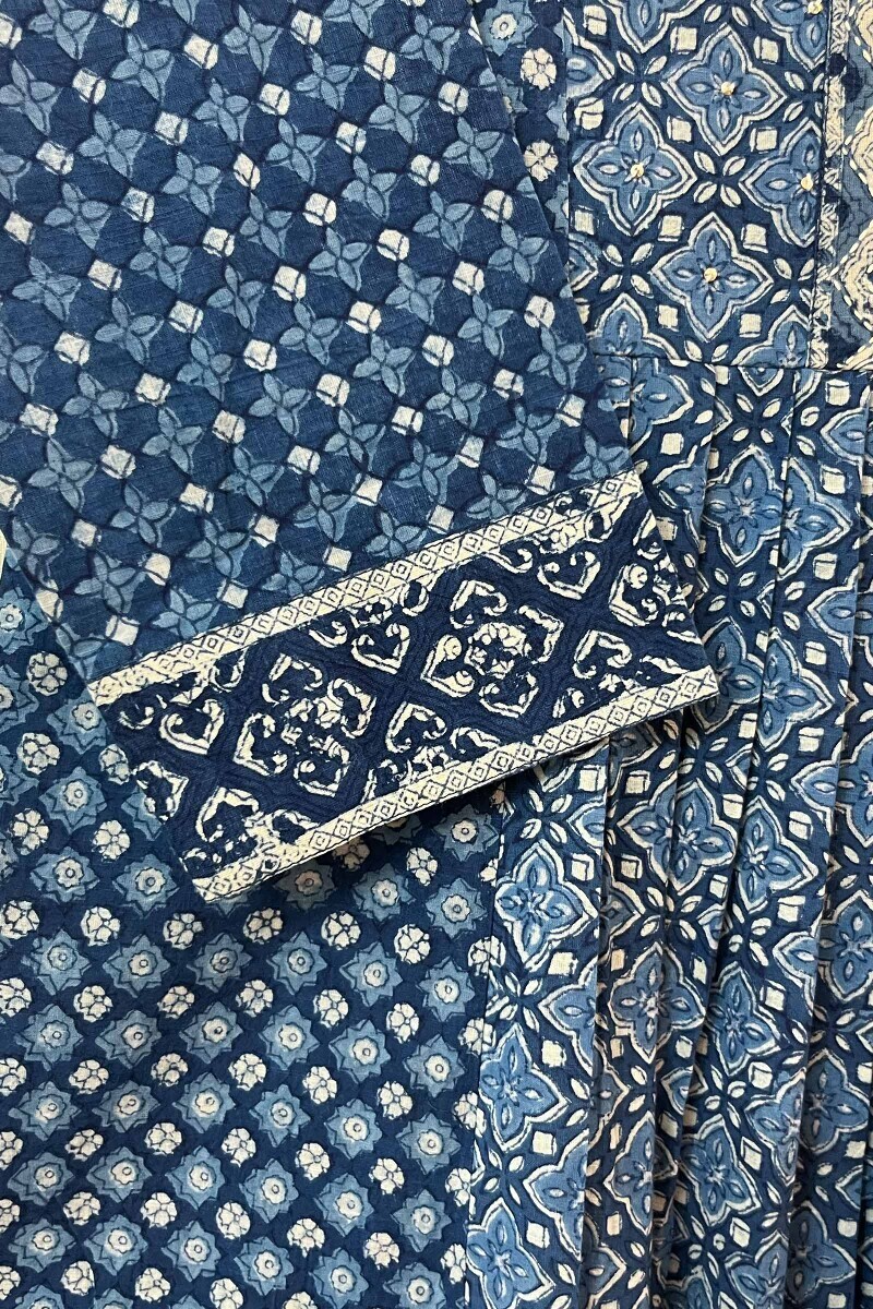 Blue Hand Block-Printed Cotton Slub Top