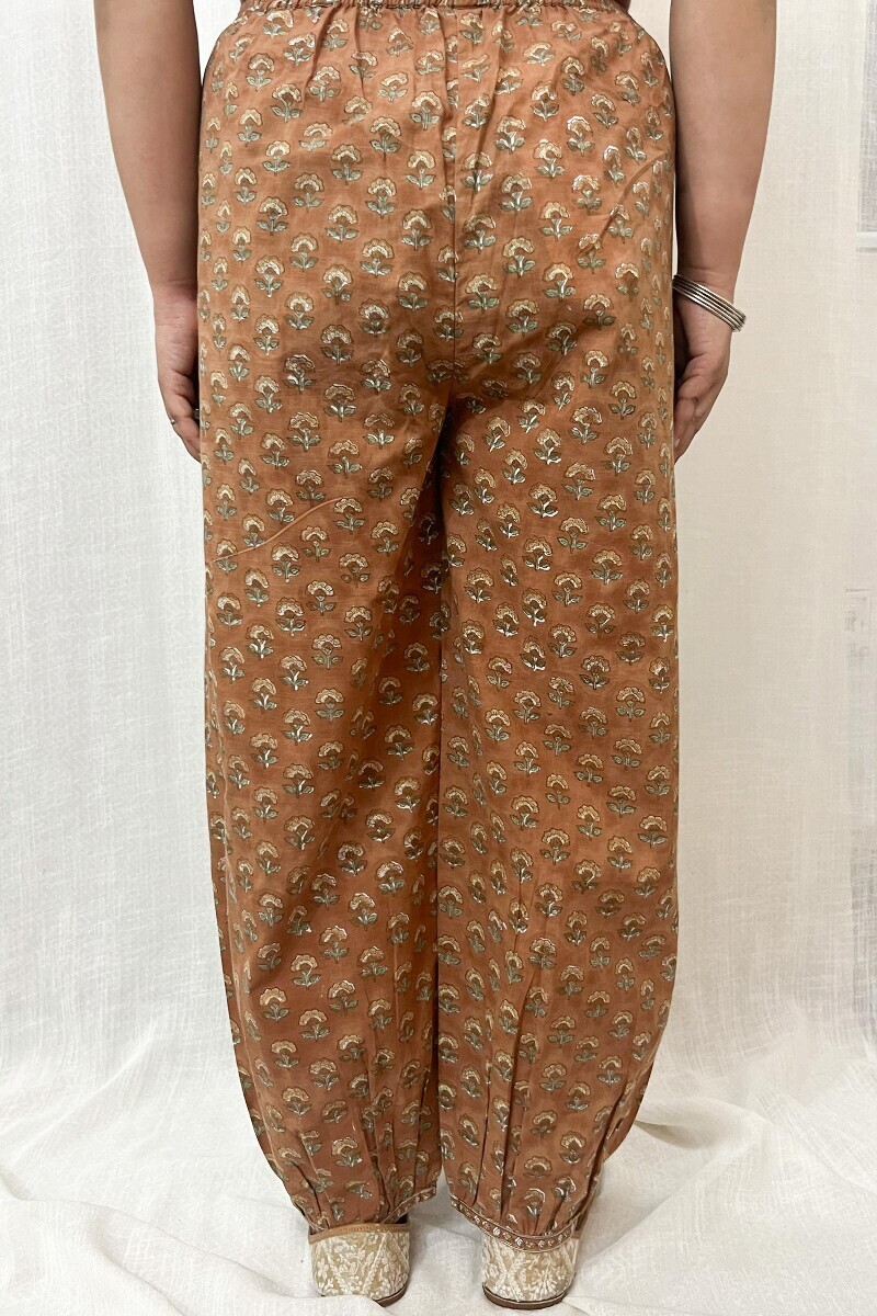 Brown Hand Printed Cotton Izhaar Pants