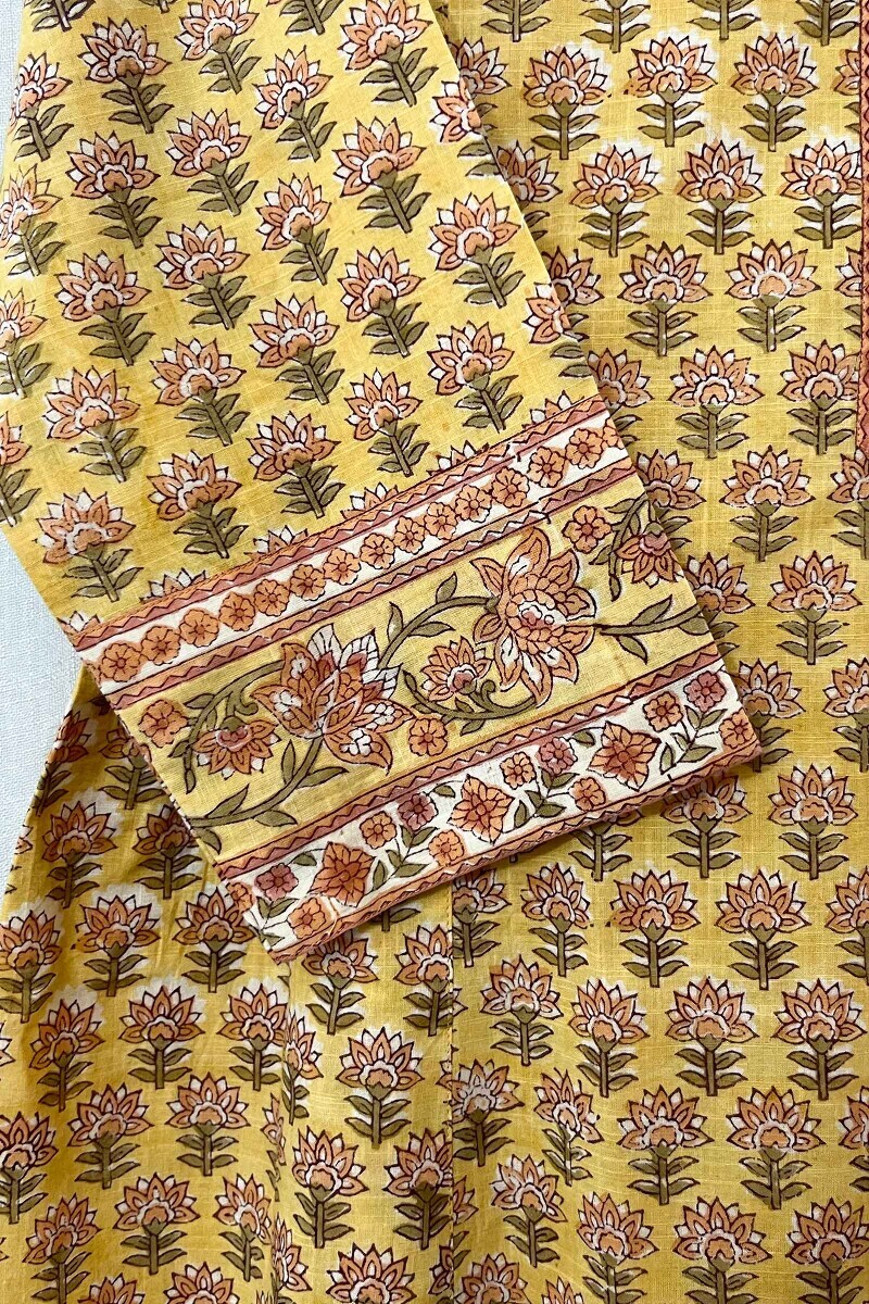 Yellow Hand Block-Printed A-Line Cotton Slub Kurta