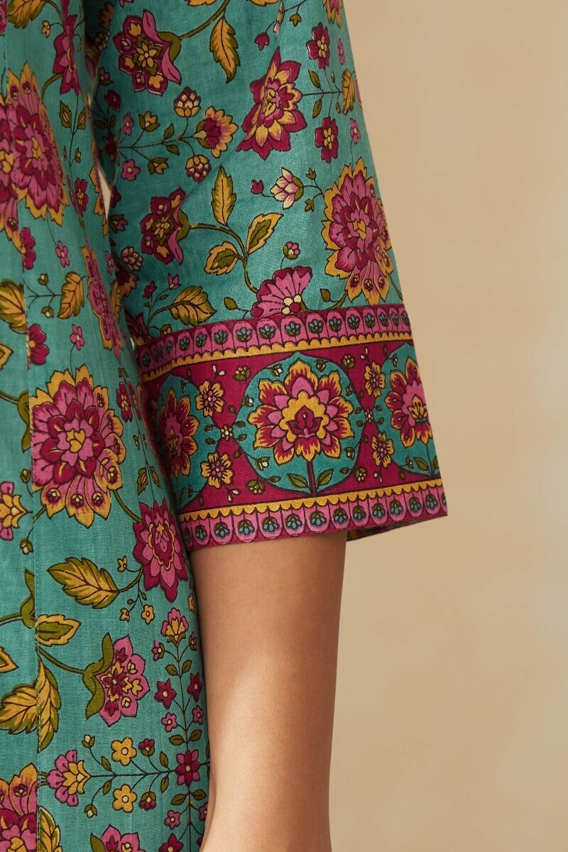 Blue Hand Printed Straight Cotton Kurta