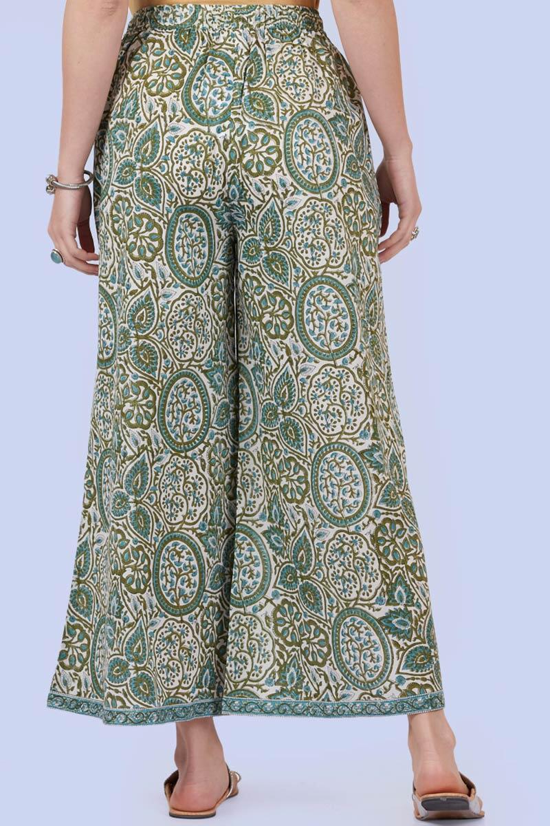Green Block Printed Cotton Palazzo
