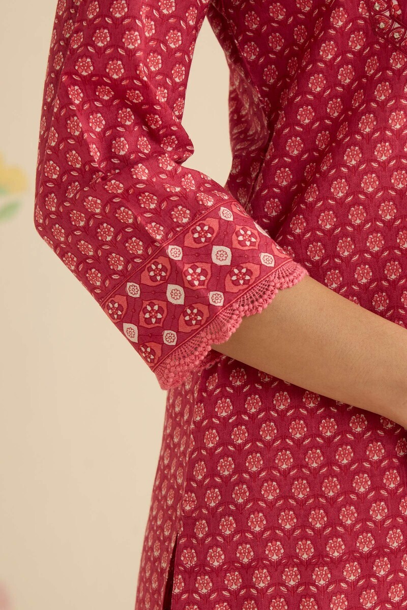 Pink Hand Printed Straight Cotton Kurta