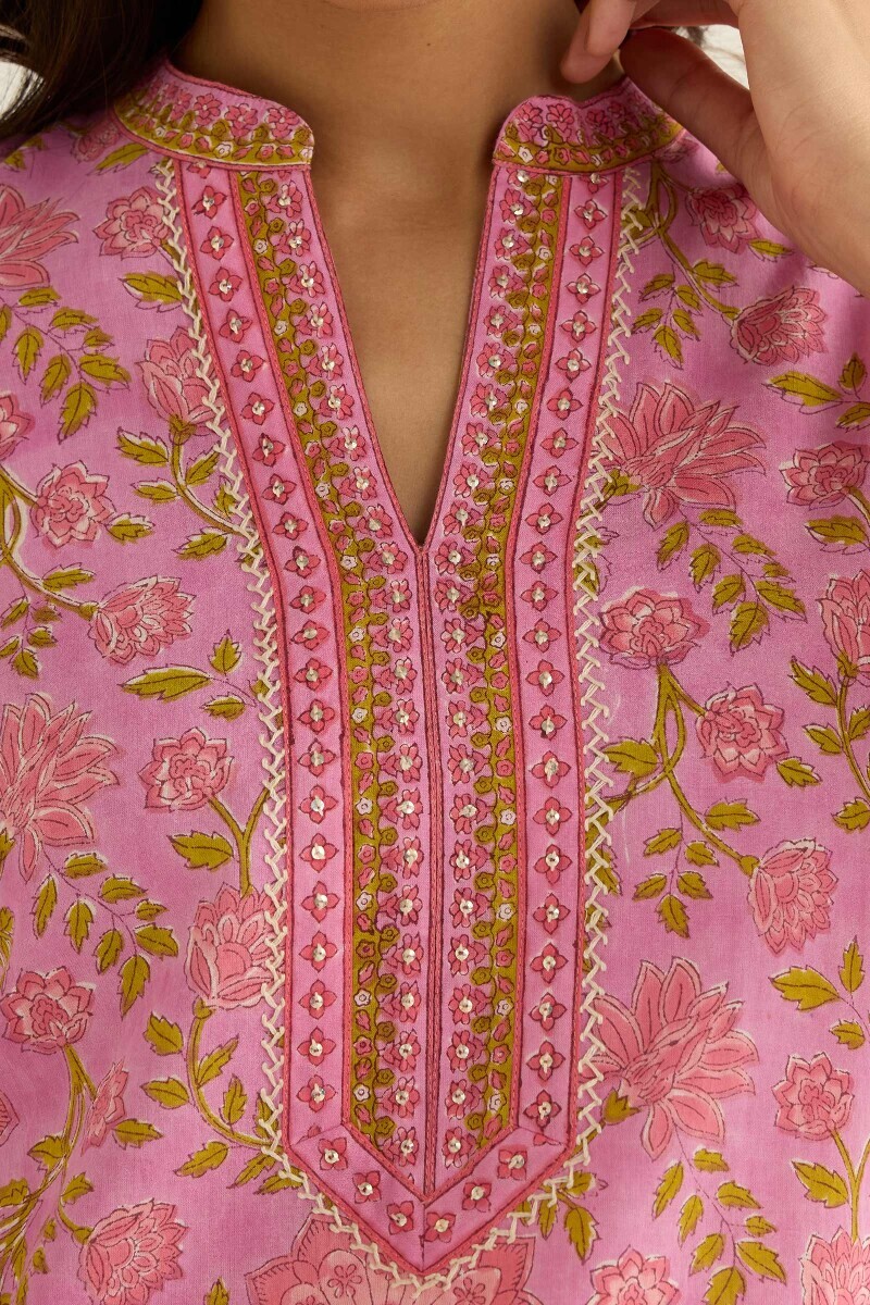 Purple Hand Block Printed Straight Cotton Kurta