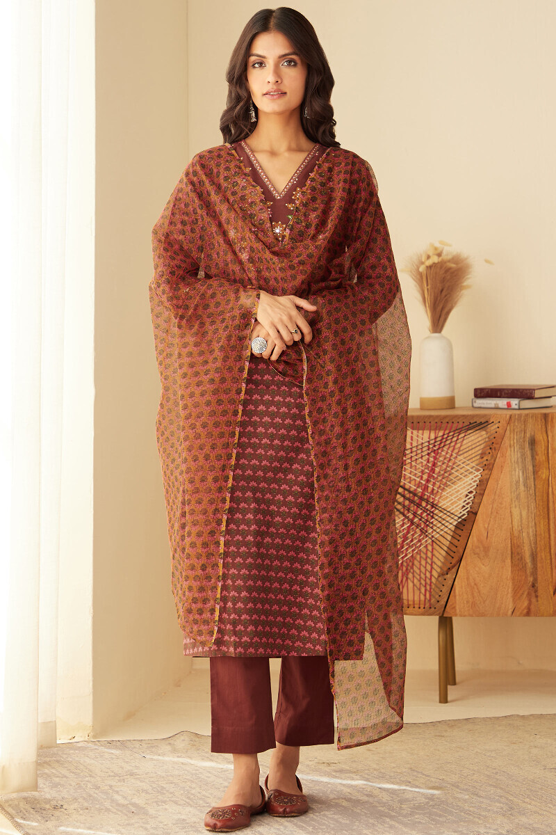 Brown Hand Printed Straight Cotton Kurta