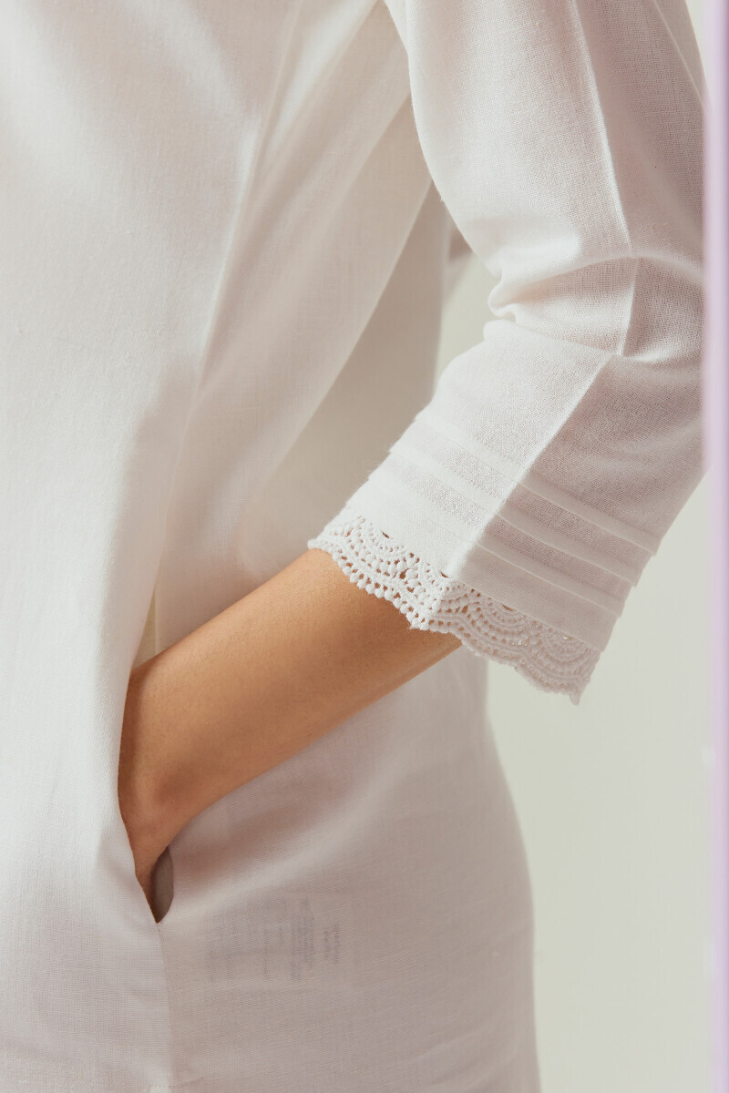 White Handcrafted Straight Cotton Flax Kurta