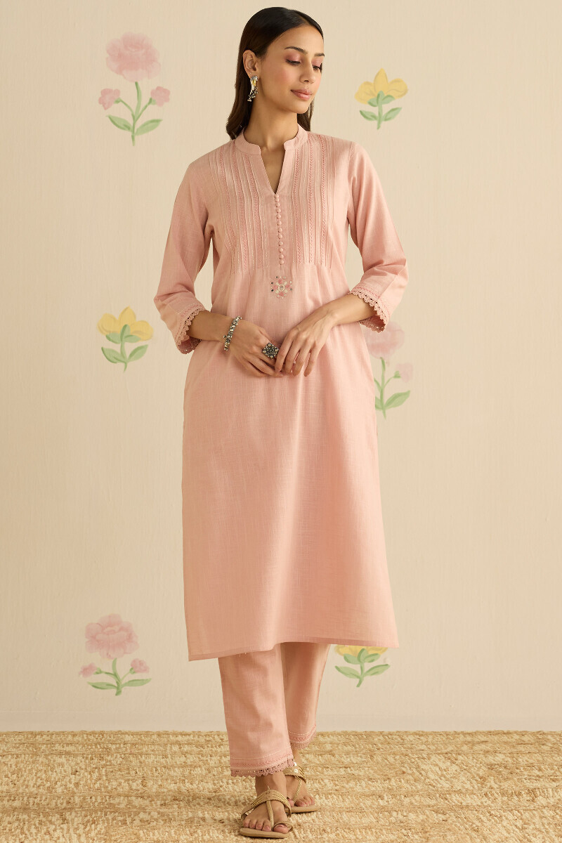 Pink Handcrafted Straight Gauze Slub Kurta