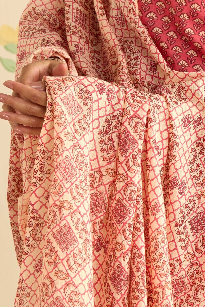 Cream Hand Printed Kota Dupatta
