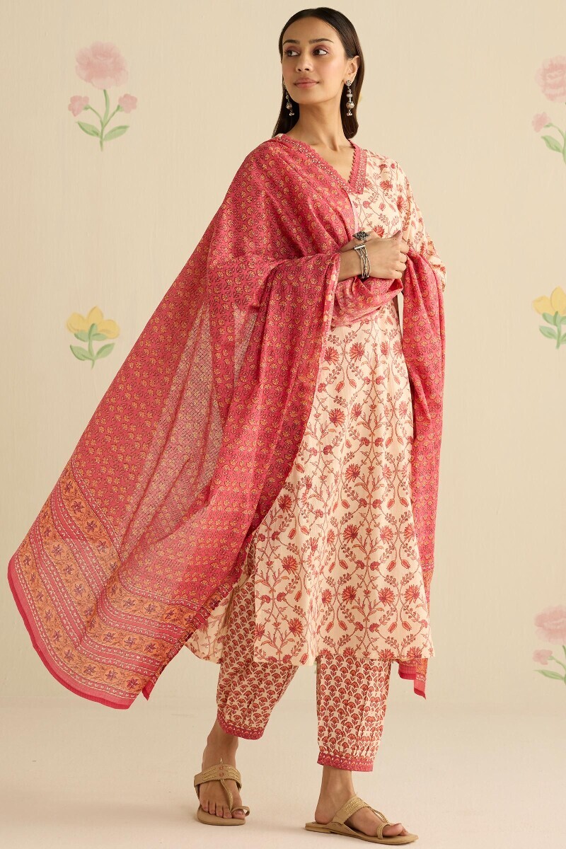 Cream Hand Printed Straight Cotton Kurta