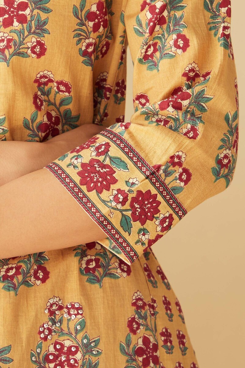 Yellow Hand-Printed Straight Cotton Kurta