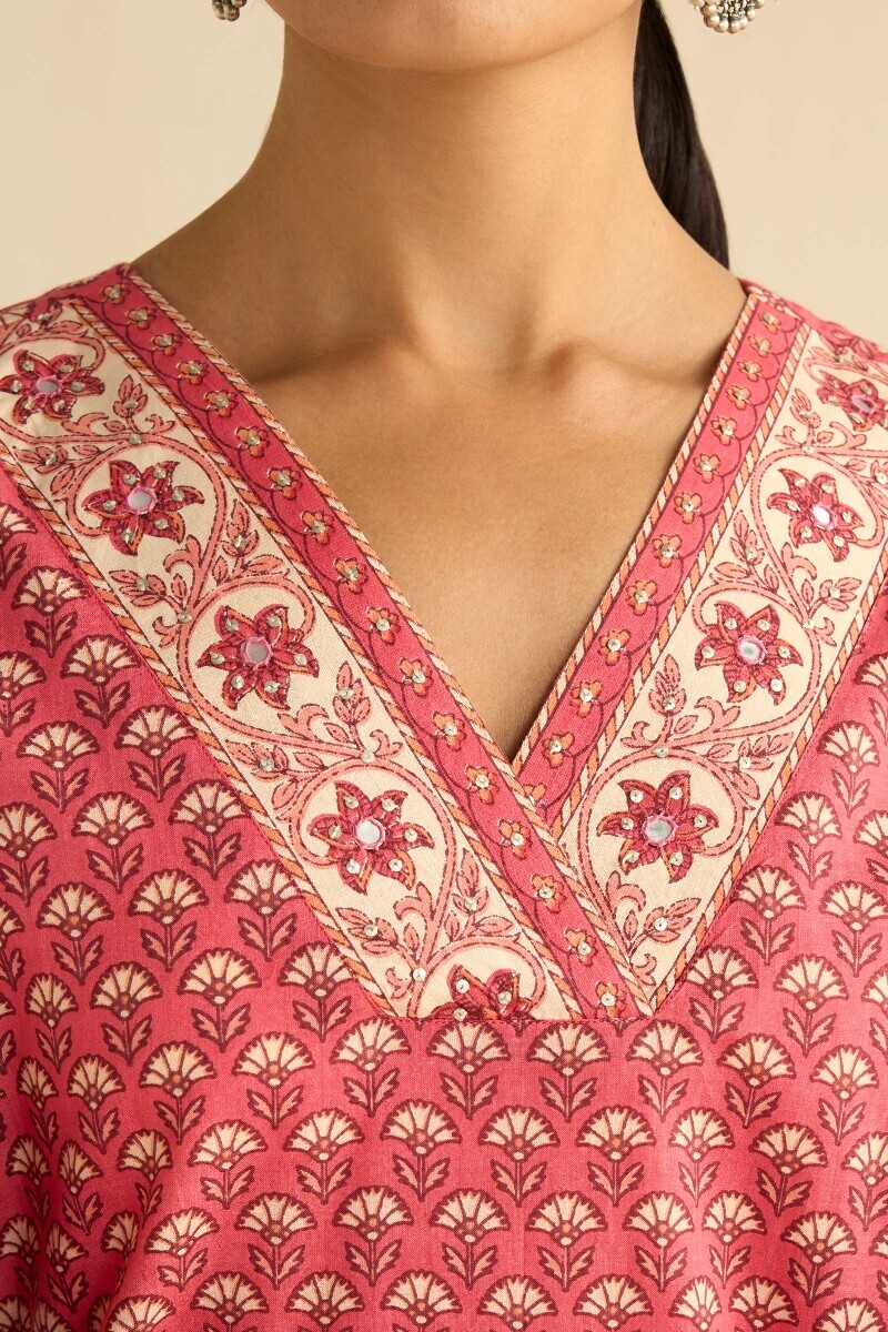 Pink Hand Printed Straight Cotton Kurta