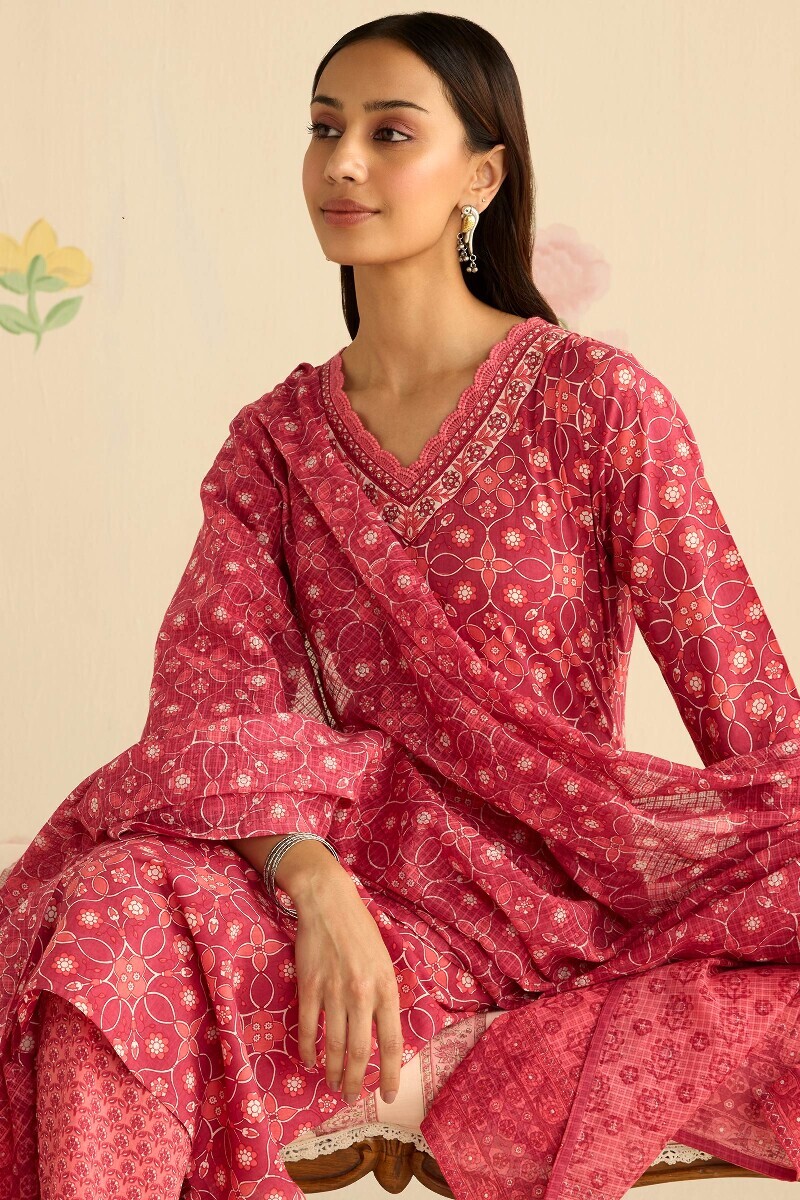 Pink Hand Printed Straight Cotton Kurta