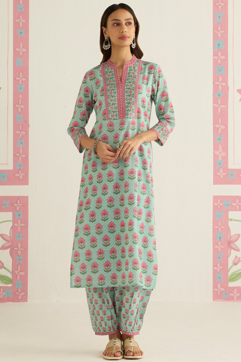 Blue Printed Straight Cotton Kurta