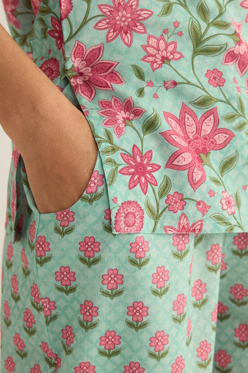 Blue Printed Cotton Loungewear Set