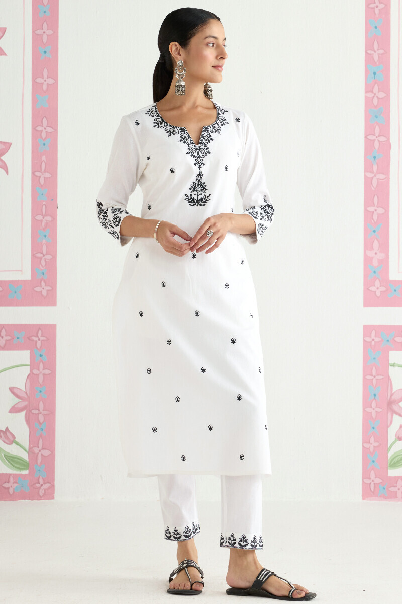 White Handcrafted Straight Cotton Flax Kurta